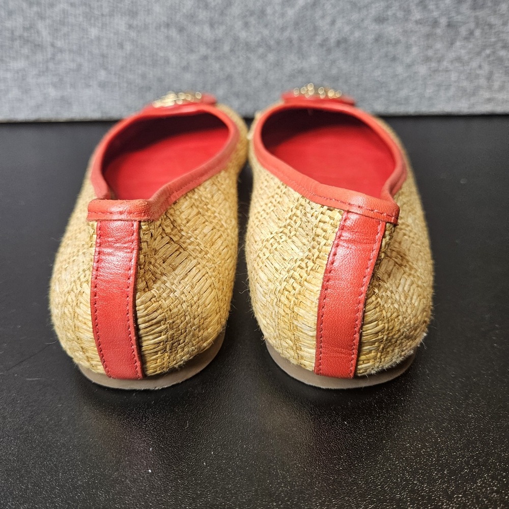 Tory Burch Reva Woven Raffia Ballet Flats Size 11 Double T Logo Red Trim - Picture 3 of 9